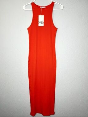 Zara NWT Orange Ribbed Sleeveless Bodycon Midi Dress M